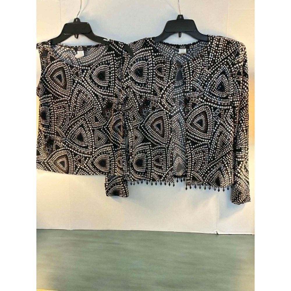 MSK‎ 2-Pack Womens Small Sheer Blouse Top Black Beige Geometric Boho Career Chic